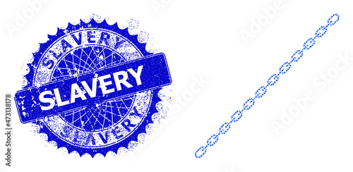 Long chain vector composition of round dots in variable sizes and blue color tints, and scratched Slavery stamp seal. Blue round sharp rosette stamp seal has Slavery caption inside.