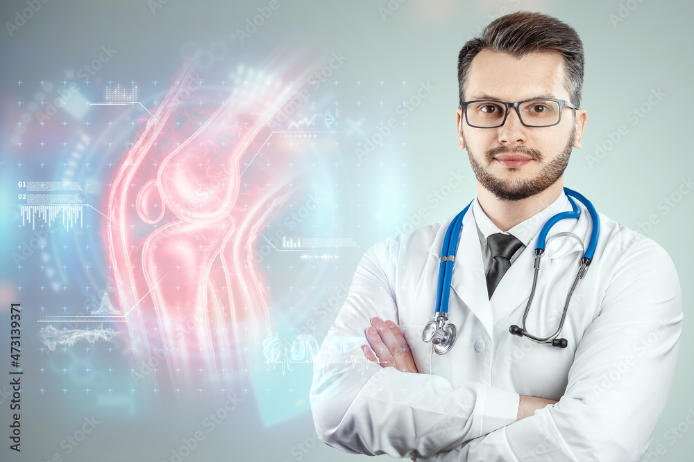 The doctor looks at a hologram of a sore knee, severe pain. X-ray image, trauma, rheumatologist consultation, skeletal image, medical concept, medical technologies of the future, pain when walking. The doctor looks at a hologram of a sore knee, severe pain. X-ray image, trauma, rheumatologist consultation, skeletal image, medical concept, medical technologies of the future, pain when walking.