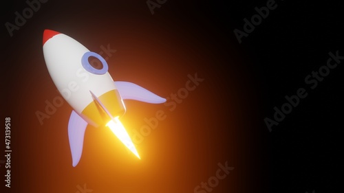 Illustration of a toy rocket that is launching and flying into space. Three Dimensional Format With Negative Space. Suitable for Presentation Material