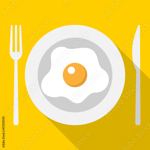 breakfast, plate with cutlery, amlet, yellow background, flat style, vector