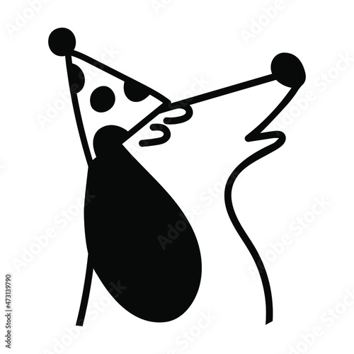 Outline icon. Face of dachshund wearing party hat. Vector hand drawn illustration on white background. 
