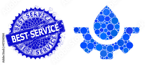 Plumbing industry vector collage of round dots in various sizes and blue color tones, and textured Best Service stamp seal. Blue round sharp rosette stamp seal includes Best Service caption inside it.