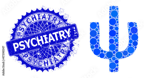 Psi Greek lowercase symbol vector composition of circle dots in various sizes and blue color tinges, and textured Psychiatry stamp. Blue round sharp rosette stamp contains Psychiatry text inside it.