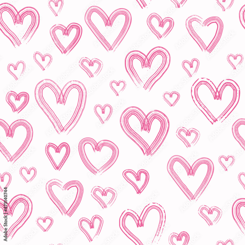 Hand drawn pink hearts seamless pattern on white background. Simple shapes for wrapping paper, wallpaper, fabric, textile