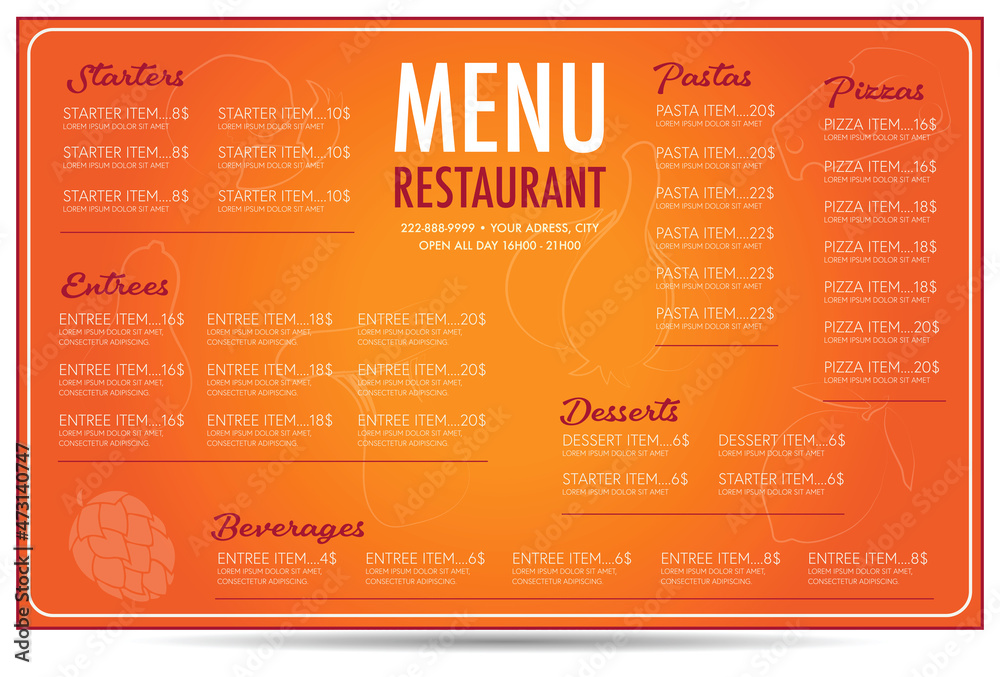 Orange Restaurant menu flyer template layout