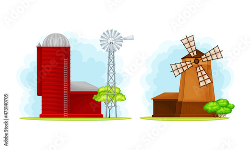 Rural farm buildings set. Silo tower, wind turbine and windmill vector illustration