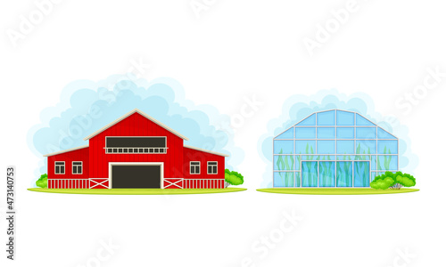 Rural farm buildings set. Red wooden barn and greenhouse vector illustration