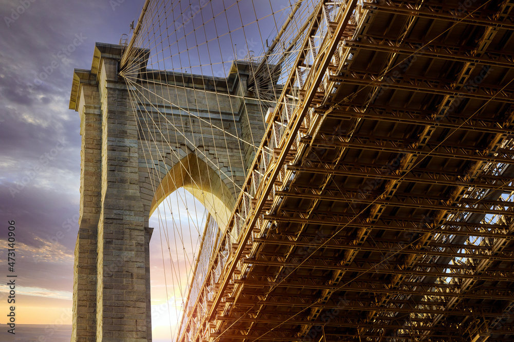 Fototapeta premium View Brooklyn Bridge with beautiful sunset in New York City
