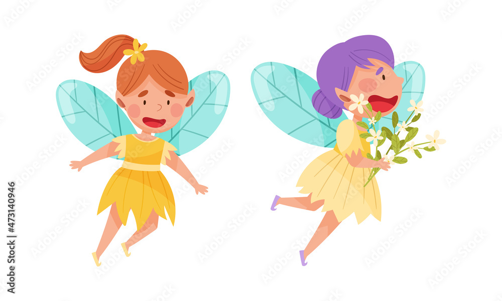 Lovely flying fairy girls set. Adorable winged girls, fairy tales creatures cartoon vector illustration Lovely flying fairy girls set. Adorable winged girls, fairy tales creatures cartoon vector illustration