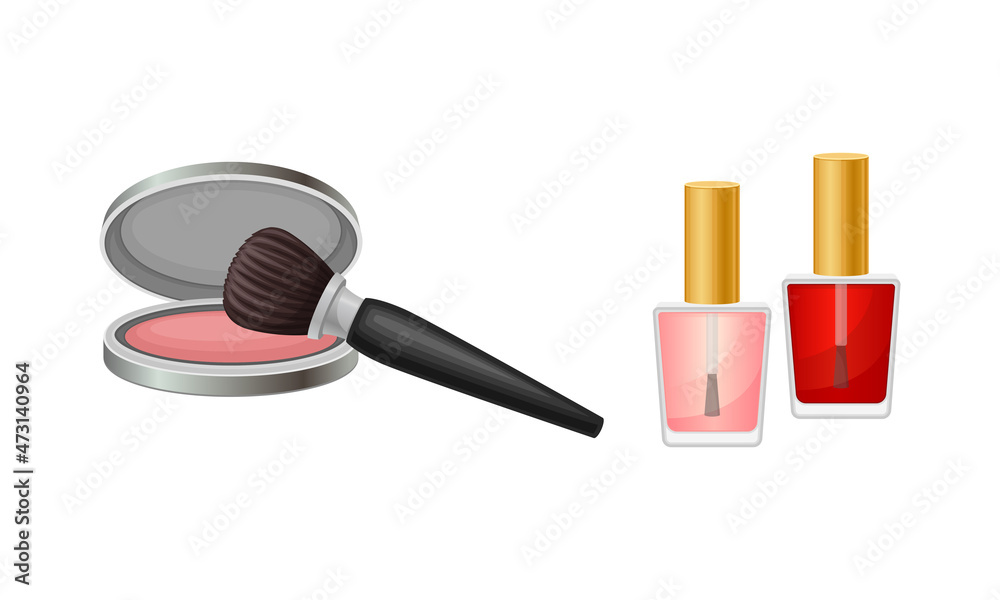 Makeup cosmetics set. Blush box with brush and nail polish vector illustration Makeup cosmetics set. Blush box with brush and nail polish vector illustration