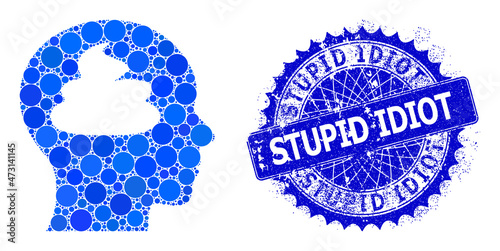 Shit brain vector mosaic of round dots in various sizes and blue color hues, and scratched Stupid Idiot badge. Blue round sharp rosette seal includes Stupid Idiot tag inside it.
