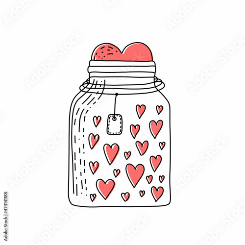 Jar with hearts in doodle style. Concept for griiting cards, thanks card, valentine day, mother day.