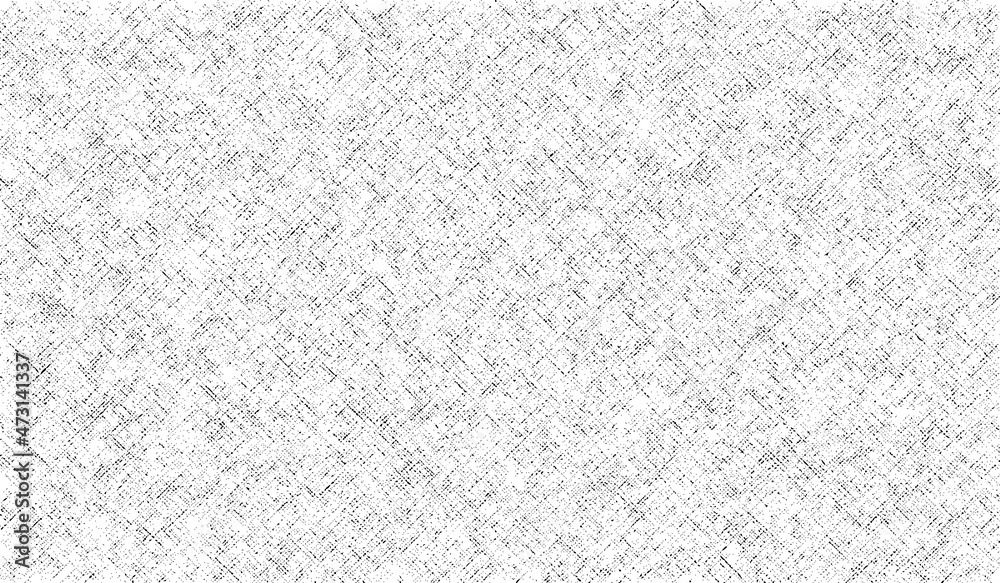 Woven texture. Weave distress pattern. Linen backdrop. Brush strokes cross hatch. Black interlace texture on white background. Gradation fiber. Simple braiding distressed stipple. Vector illustration