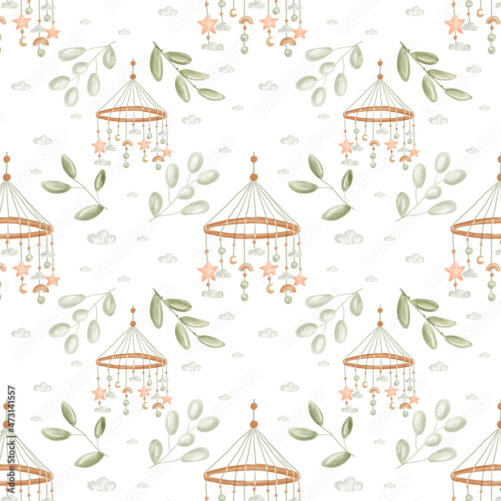 Watercolor elephants for nursery, seamless  pattern on white background. Cute baby elefants in boho style. Use for textile, nursery, wallpapers, wrappers, kids room.