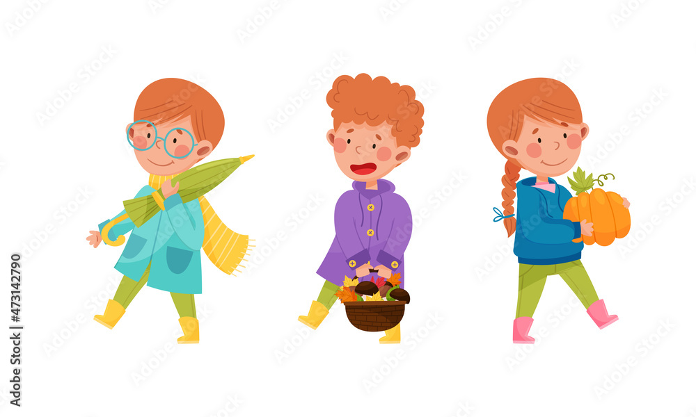 Kids outdoors activities in autumn set. Happy children walking with umbrella, collection mushrooms and harvesting pumpkin cartoon vector illustration Kids outdoors activities in autumn set. Happy children walking with umbrella, collection mushrooms and harvesting pumpkin cartoon vector illustration