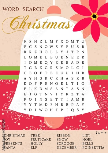 Beautiful Christmas word search puzzle. Holiday crossword  worksheet, find 16 hidden words. Party card. Fun printable winter time activities for adults and chidren. Vector eps 10