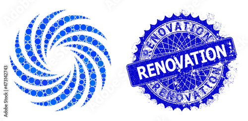 Turbine rotation vector collage of round dots in variable sizes and blue color tones, and distress Renovation badge. Blue round sharp rosette badge has Renovation title inside it.