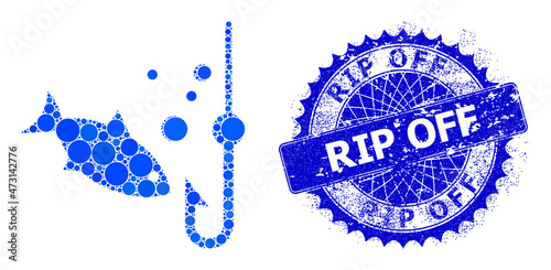 Underwater fishing vector composition of circle dots in different sizes and blue color tints, and rubber RIP Off stamp seal. Blue round sharp rosette stamp seal contains RIP Off tag inside.