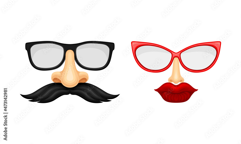 Carnival or party face masks with glasses, mustache and lips set cartoon vector illustration