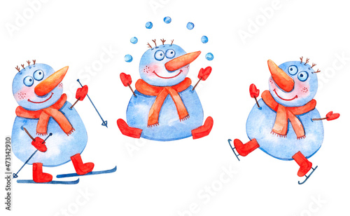 Snowman skiing, figure skating and snowball watercolor illustration isolated on white.