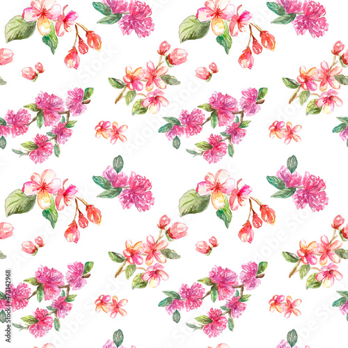 Botanical seamless pattern with spring bloom flowers on white background watercolor drawing.