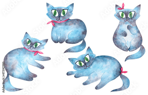 Cartoon blue kittens with bow watercolor hand drawn illustration isolated on white. © Taisiia