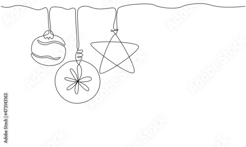 Single continuous line hanging star and balls, snowflakes and confetti. Line art winter illustration