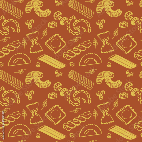 Vector illustration in doodle style. Seamless pattern of different kinds of pasta.