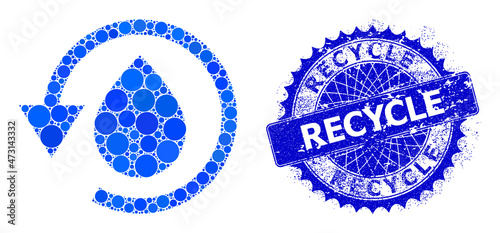 Water dew recovery vector mosaic of circle dots in various sizes and blue color tinges, and scratched Recycle stamp seal. Blue round sharp rosette seal includes Recycle text inside.