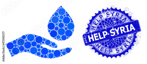 Water donation hand vector composition of round dots in variable sizes and blue color tinges, and rubber Help Syria stamp. Blue round sharp rosette stamp has Help Syria tag inside it.