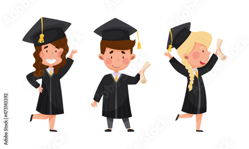 Happy kids graduate students in graduation robe and cap celebrating the end of their study vector illustration