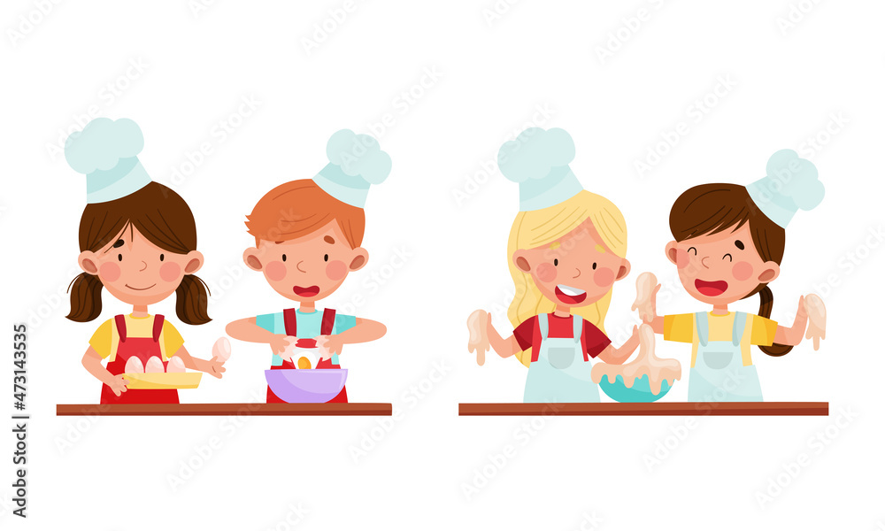 Cute kid chef characters set. Adorable funny children baking in the kitchen cartoon vector illustration Cute kid chef characters set. Adorable funny children baking in the kitchen cartoon vector illustration