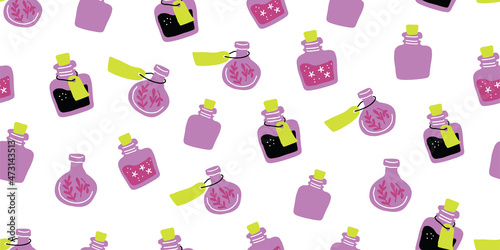 Magic potion bottles vector seamless pattern. Halloween background of glass bottles and flasks with poison or elixir drinks. Witch, wizard or evil magician jars
