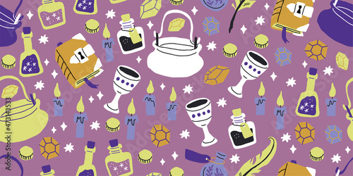 Vector seamless magic pattern. Halloween Concept. Gift Packaging. Hand drawn doodle illustration.