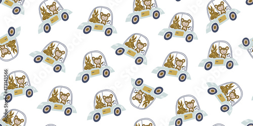Vector seamless pattern with cheerful monkeys driving the car
