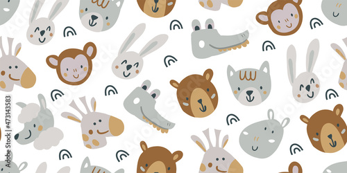 Seamless childish pattern with funny animals faces . Creative scandinavian kids texture for fabric, wrapping, textile, wallpaper, apparel. Vector illustration