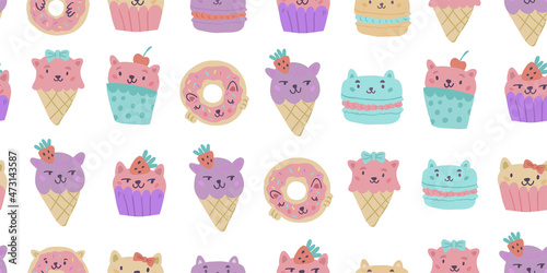 Abstract seamless animal macaroons pattern on light background. Sweets cat, rabbit, mouse repeats print. Funny cartoon pet cakes ornament for fashion textile, wrapping paper.