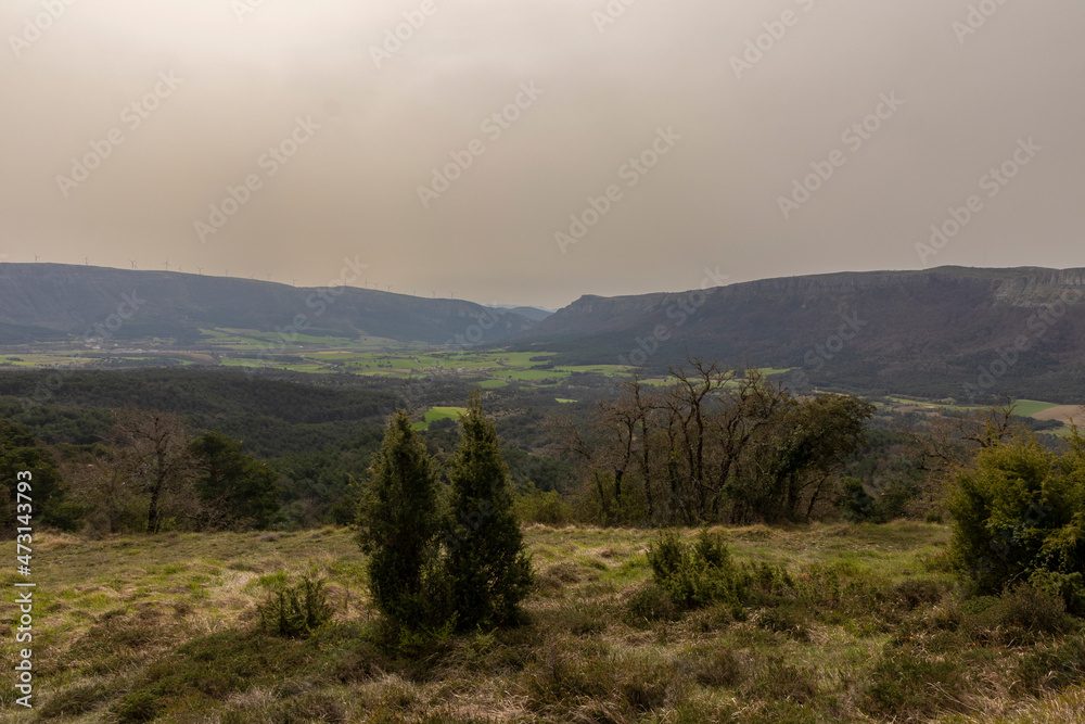 Obraz premium green valley of the Basque country in the province of Alava on a cloudy day