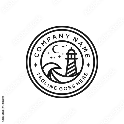 Retro Vintage Lighthouse Beacon Tower Beach Coast Simple Line logo design