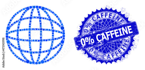 Sphere vector collage of circle dots in variable sizes and blue color tinges, and rubber 0% Caffeine badge. Blue round sharp rosette badge includes 0% Caffeine title inside.
