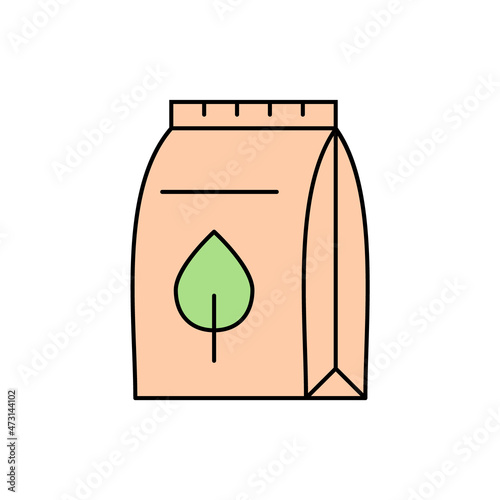 Sustainable packaging concept. Paper bag with a leaf. Biodegradable environment friendly package. Recycled compostable materials. Eco product. Color icon with an outline. Vector illustration, clip art