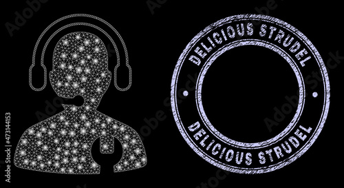 Glare polygonal mesh net call center serviceman icon with glitter effect on a black background with round Delicious Strudel scratched seal. Vector grid generated from call center serviceman icon,
