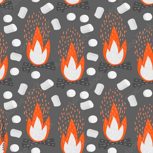 Cartoon bonefire and marshmallows seamless pattern. Fried marshmallow on gray background. Vector hand drawn illustration for textile printing, wallpaper, Camping web banner, campsite cooking