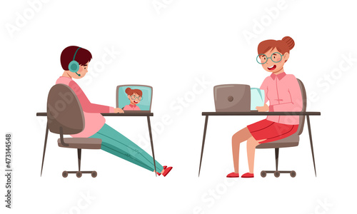 Teen boy and girl studying online and communicating with classmates via video conference on laptop computer. Online learning concept cartoon vector illustration