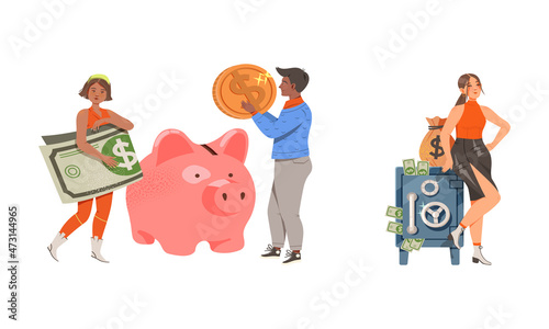 Money savings set. People keeping money in safe and piggy bank cartoon vector illustration