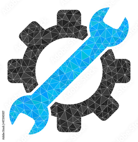 Low-poly gear tools icon illustration is designed from scattered filled triangles. Triangulated gear tools polygonal icon vector illustration. Gear Tools icon is filled with triangles.