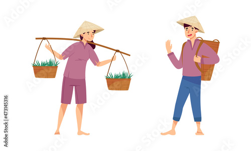 Asian farmers working on farm set. Peasants in straw conical hats planting and harvesting rice and tea on field cartoon vector illustration