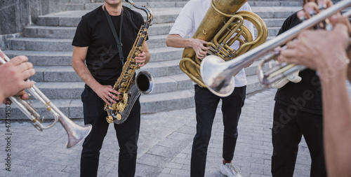 Sticker Young street music band play a lot of musical instruments