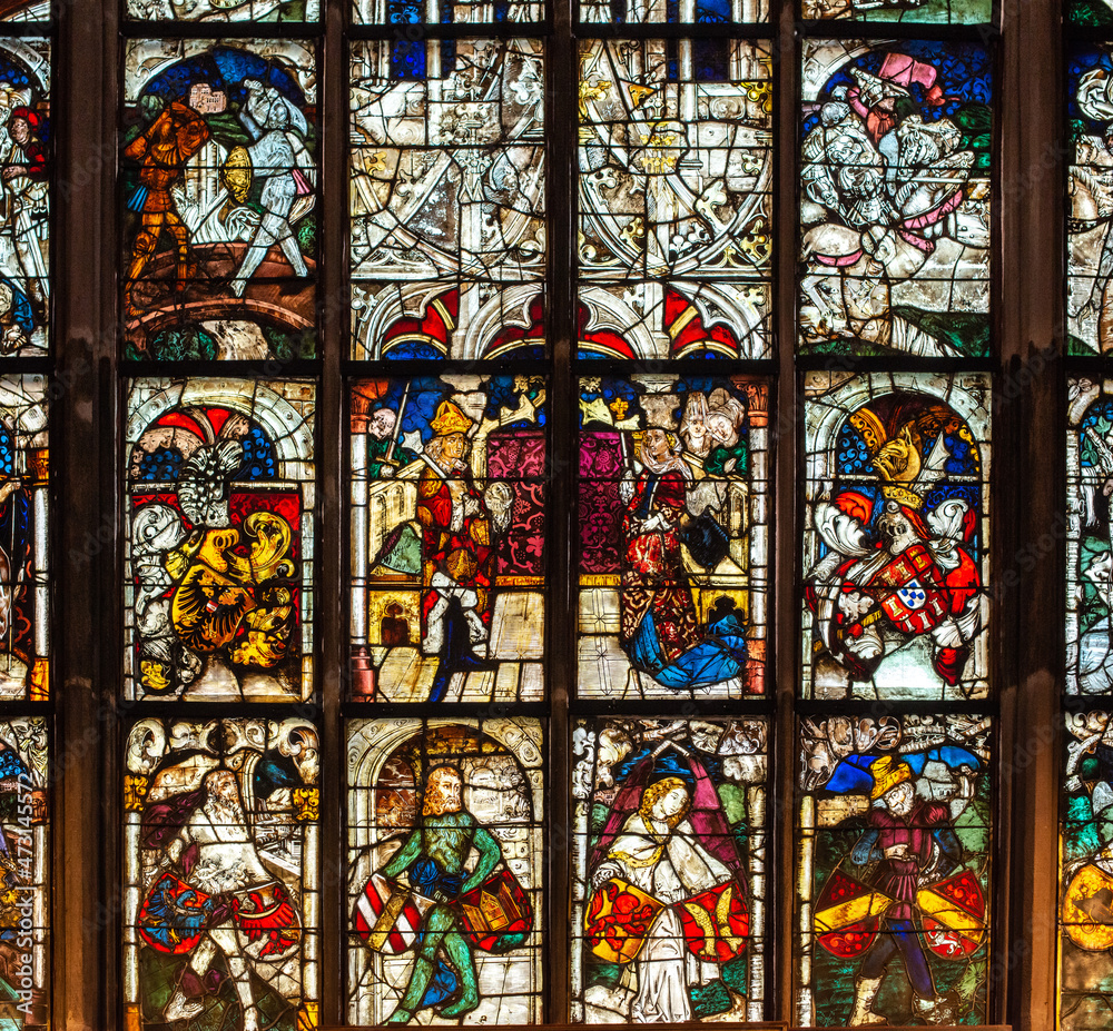 Window paintings in the St. Lorenz church constructed in 1477 in Nürnberg, Bavaria, Germany