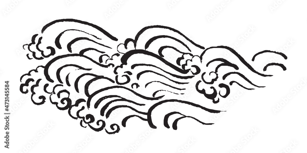 モノクロ和風イラスト 墨筆の波 横長のデザイン 海 和波 毛筆 かすれ 水しぶき 線画 曲線 渦 Stock Vector Adobe Stock